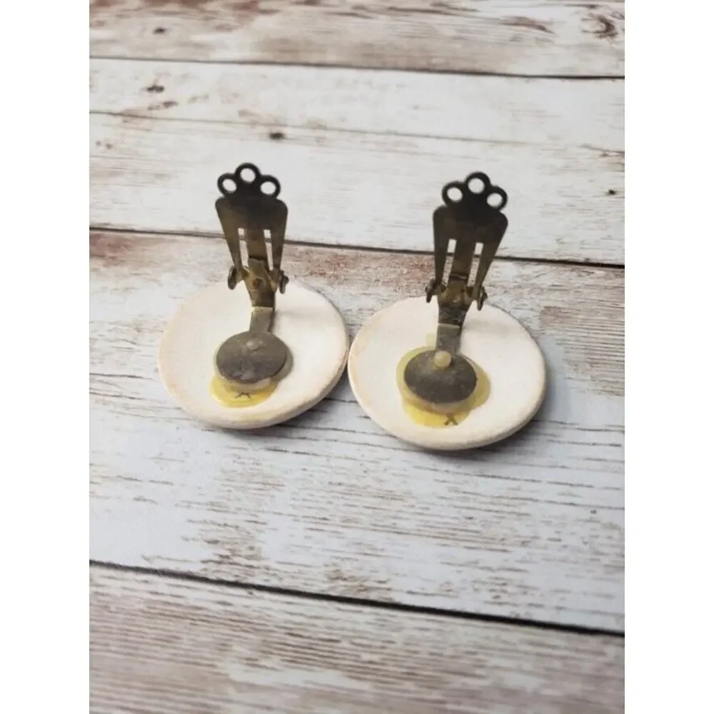 Vintage Clip On Earrings - Stunning Off White with Gold Tone & Pastel Design